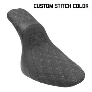 CMC MOTORSPORTS Black The Fastback 2 Up Softail Seat w/White Double Diamond Stitch - ERSEAT2UP17-SFTWhite